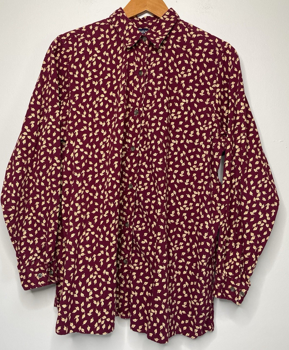 Krazy Kat Women’s Medium Burgundy Fall Leaves Button Front Cotton Shirt